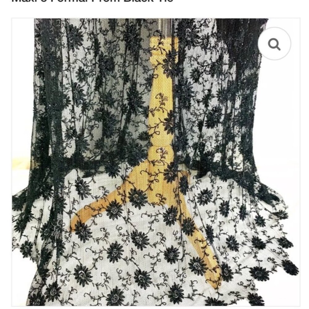 Vintage Jovani Black Beaded Lace Slip Dress w Sheer Floral Hem Size 6 - Picture 10 of 11